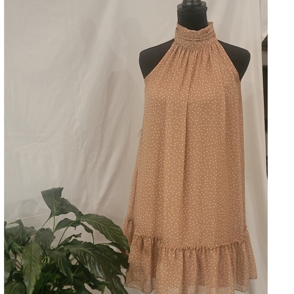 Just Taylor Tan Polka‎ Dot High Neck Halter Ruffle Hem Trapeze Dress Size 2
